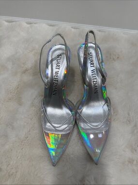 Stuart Weitzman Holographic Silver Pointed Slingback Heels